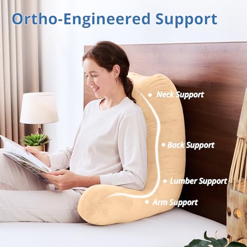 Image of Sasttie Reading Pillow for Bed, Back Pillow for Sitting Up, Camel | 25 inch Backrest Support Cushion for Couch, Sofa, and Floor, Dorm Essentials, OEKO-TEX, Adjustable Down Alternative Fill