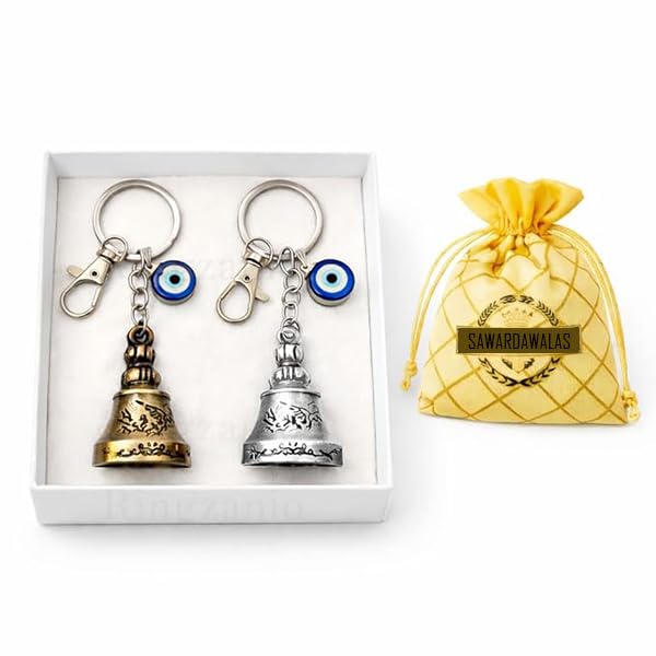 Image of Guardian Bell Keychain for Bike and Car | Tibetan Bell Keychain with Evil Eye | Good Luck Charm | Ghanti for Bike | Guardian Bells | Gift for Men | Protection Charm 2 Pcs Combo