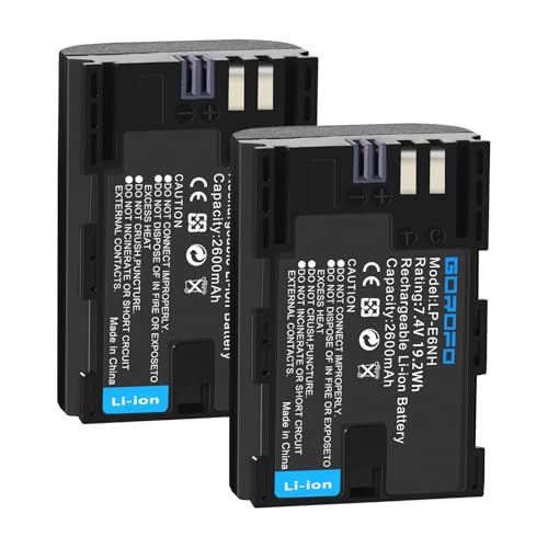 GOROFO 2-Pack LP-E6 Battery for Canon EOS R R5 R6 R7 5D Mark II III and IV 90D 70D 5Ds 6D 5Ds 80D 7D 60D 5Ds MKii MKii MKiii MKiv 5D4 Digital Camera Battery (2 Batteries)