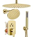 Dasan Rainfall Full Body Shower Faucet System with 12'' Round Shower & 6'' Round Shower,Brushed Gold Dual Shower Head Faucets Set with Handheld & Valve, Double Shower Head System for Couples/ 2-Person