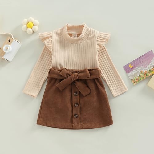 fhutpw Baby Toddler Girl Outfits Fall Winter Clothes Turtleneck Knitted Cotton Long Sleeves Tops & Button Mini Skirts Set