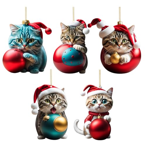 5 Stück Weihnachtsbaum Katze Anhänger, Acryl Cartoon Katze Deko...