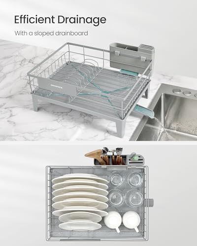 Image of SONGMICS Dish Drying Rack, Kitchen Dish Rack with Drainboard, 360 Rotatable and Extendable Spout, with Cutlery Holder, 12.2 x 16.5 x 7.3 Inches, Dove Gray UKCS550G01