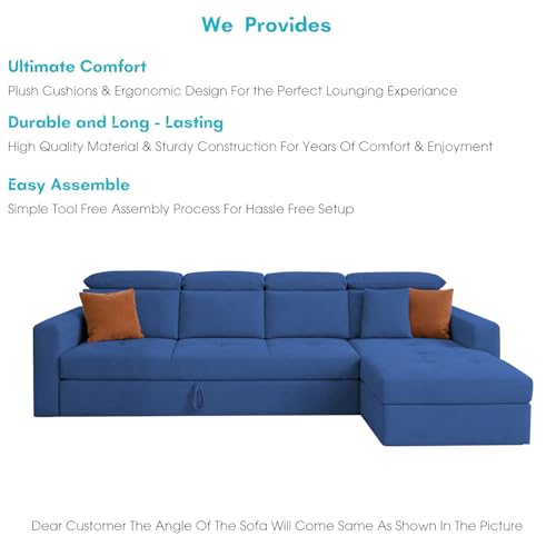 Image of Casaliving Gagnon RHS 6 Seater L Shape Corner Sofa Cum Bed for Living Room (Blue Fabric) Premium Fabric Sofa