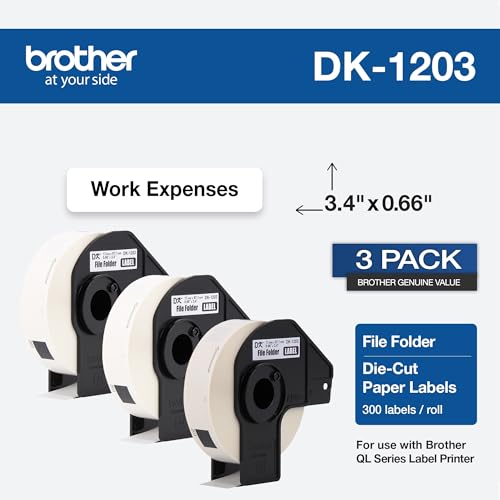 Image of Brother Genuine DK-12033PK Die-Cut File Folder Labels, Long Lasting Reliability, 300 Labels Per Roll, (3) Rolls per Box, White (DK12033PK)