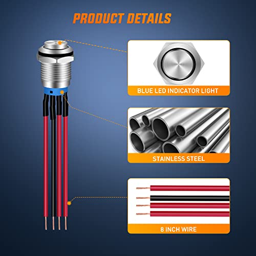 Image of Nilight 12mm 12V Latching Push Button Switch Pre-Wired LED 5 Pack Kit | IP67 waterproof SPDT latching design with LED indicator, 12mm mounting, and 8 inch pigtail wires for easy setup