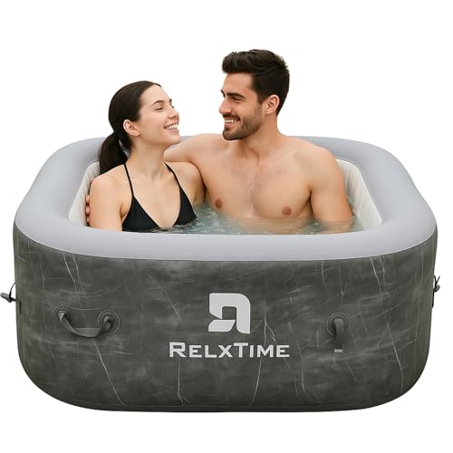 Inflatable Hot Tub 2-3 Person 110 Air Jets, Portable Blow Up Hottub with Cover, Built in Heater Pump, Square Outdoor Spa, Cup Holder, 2 Filters