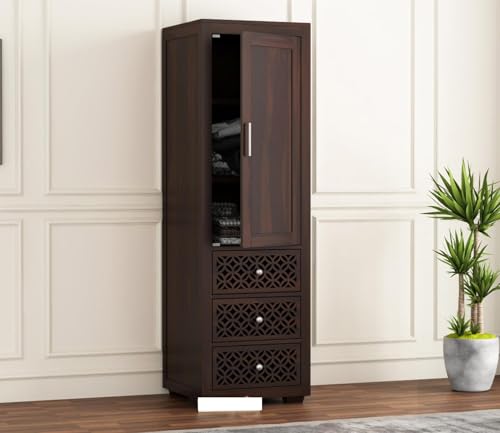 Image of Sheesham Wood Wooden Single Door Wardrobe Organizer for Clothes | - Solid Wood Almirah with 3 Drawers, 3 Shelves - Cupboard for Large Bedroom, Walnut Finish