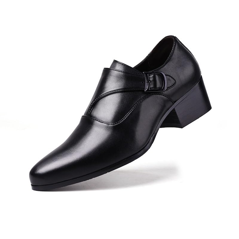 Battle Men Men's Leather Monk Strap Dress Shoe with 3-Inch High Heel, Pointed Toe Height-Increasing Formal Style for Wedding, Business