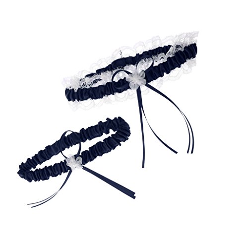 Preisvergleich Produktbild MagiDeal 2pcs / Satz Elegantes Strumpfband, Spitze Schleifen Hochzeitsstrumpfband - Brautkleid Hochzeit - Navy blau, 30-56cm
