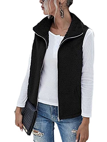 Achinel Gilet en polaire pour femme Coupe classique Sans manches Doux et pelucheux Veste d'extérieur légère avec poches zippées, Noir , M Cover