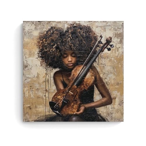 Póster de niño afroamericano tocando el violín, arte musical negro, decoración de pared, lienzo para sala de estar, dormitorio, oficina, decoración del hogar, 60 x 60 cm