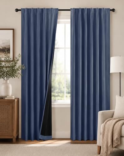 PONY DANCE 100% Blackout Curtains for Bedroom,Thermal Insulated Back Tab Window Drapes Room Darkening Blue Haze Curtains for Bedroom with Black Back,52 x 96 Inch,2 Panels