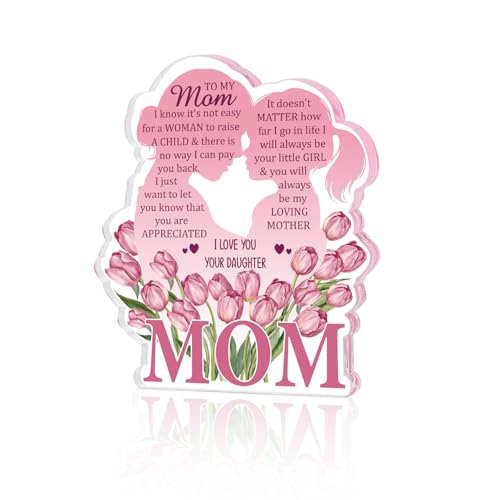 Smile To My Mom Acrylic Tabletop Plaque Daughter to Mom Tulip & Silhouette Sentimental Keepsake Sign for Mothers Day Birthday & Home Decor Paperweight