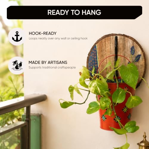 Image of AAKRITI ART CREATIONS Red Bucket Metal Planter on a Round Wall Hook