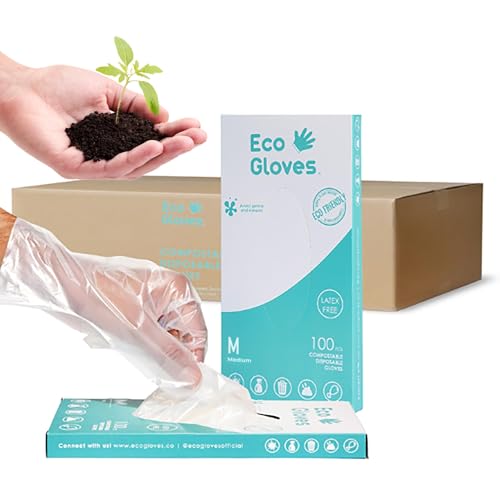 Eco Gloves Plant-Based Compostable Gloves Eco-friendly Latex Free, Powder Free, BPA Free for Food, Safety, Cleaning, Pet Care | Pack of 100 | Clear (Medium)