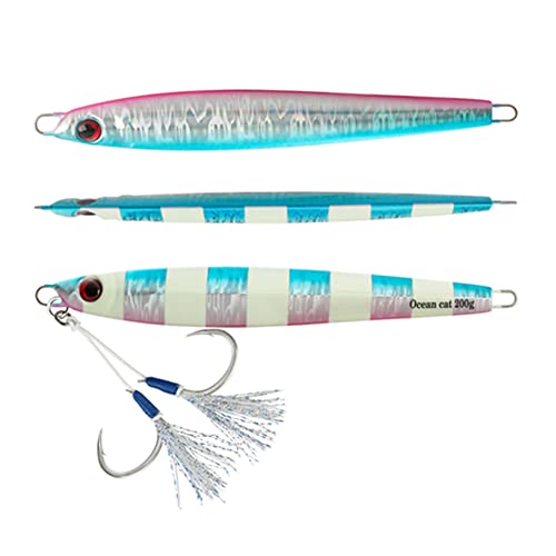 OCEAN CAT 1 PC Slow Fall Pitch Fishing Lures Sinking Lead Metal Flat Jigs Jigging Baits with Hook for Saltwater Fishing 4 Colors 160G/200G (Blue&Pink, 200g(7oz))…
