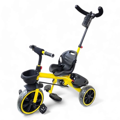 Image of MEKASHI Kids Tricycle for 1-6 Years with Parent Push Handle, EVA Wheels, Safety Guard, Front & Rear Storage Basket, Footrest, Bottle Holder, Yellow