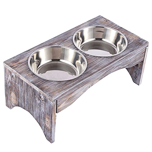 Satauko Erhöhter Näpfe Hund mit 2 Fressnäpfe Edelstahl, Holz Futternapf Hund und Wasser Fütterung Schüssel, Anti-Rutsch Freßnapf für Mittlerer und Großer Hund.