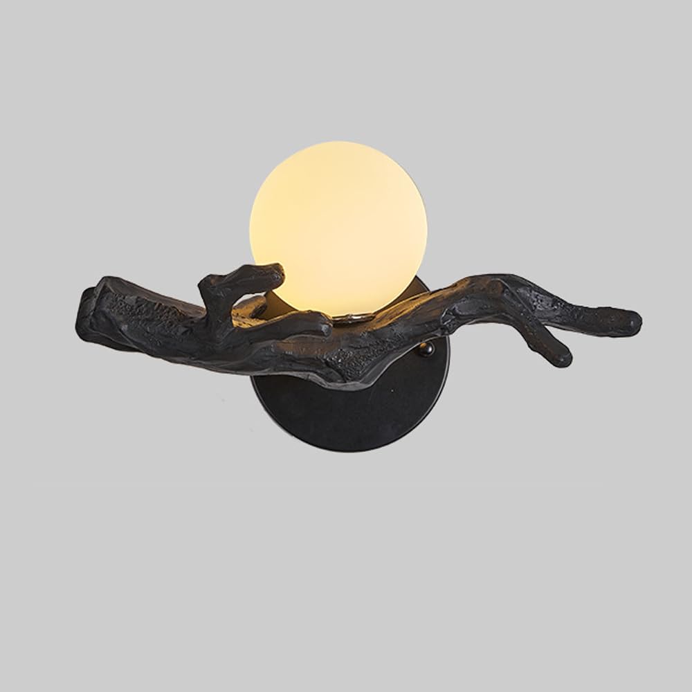 SXECAEPS Wall Sconces Farmhouse Wood Mid Century Modern Fixture White Milk Shade Black Antique Lamp for Bedroom Bedside Living Room Hardwired