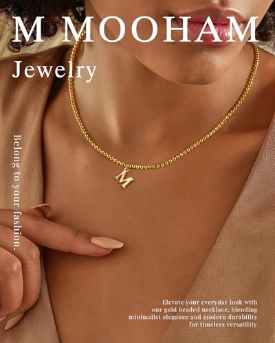 M MOOHAM Gold Beaded Initial Chain Choker Necklaces - 14K Gold Beaded Initial Necklace for Women Trendy Letter A-Z Dainty Choker Necklaces for Women, Tiny Small Jewelry Personalized Gifts2