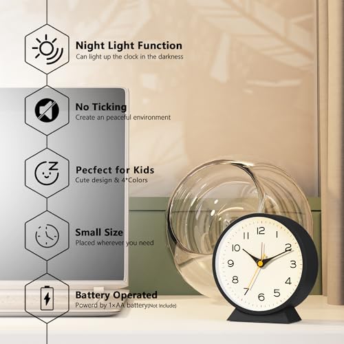 Image of AYRELY 4.5 inch Analog Alarm Clock,Small Retro Desk Clock Battery Operated,Silent Metal Table Clock with Light for Living Room Decor,Bedroom,Bedside,Shelf (Black)