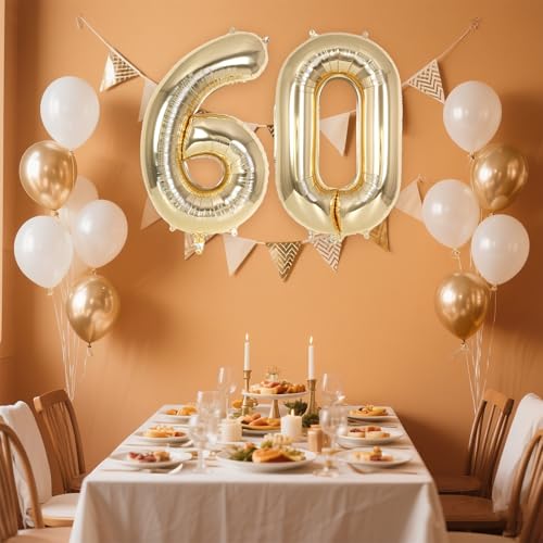 Image of Champagne Gold Large Number 60 Balloon, 40 Inch Light Gold Foil Helium Number Balloons, Giant Mylar Number 60 Balloons for 60 Years Old Birthday Party Anniversary Decorations (Champagne Gold 60)