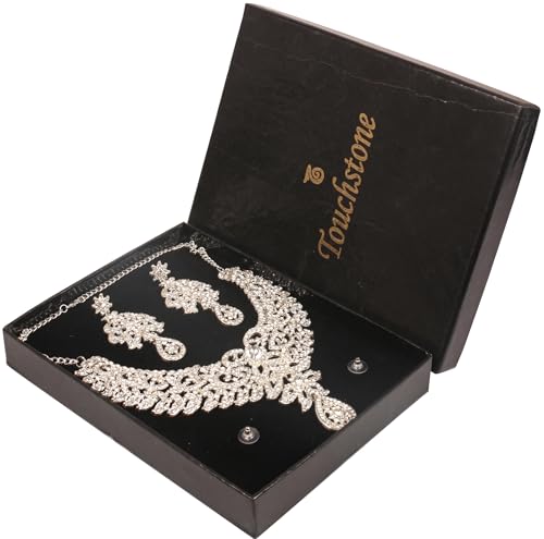 Touchstone Hollywood Glamour Pretty Filigree Paisley Motif Rhinestones Studded Diamond Look Designer Bridal Jewelry Hasli Necklace Set For Women In Antique Gold or White or Silver Tone. - Image 7