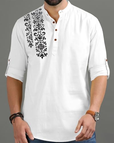 Image of FINIVO FASHION Men's Regular Fit Cotton Blend Kurta Shirt | Full Sleeve Ethnic Shirt with Mandarin Collar and Button Placket | Casual Kurta for Daily and Traditional Use