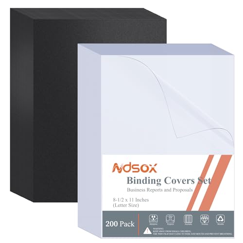 Ndsox 200 Pack Binding Covers and Backs Set 8.5 x 11 Inches Letter Size, 100 8-Mil Clear Binding Covers, 100 12-Mil Black Sand-Textured Binding Presentation Polycovers, Un-Punched, Square Corners by Ndsox - Used condition - US$33.01