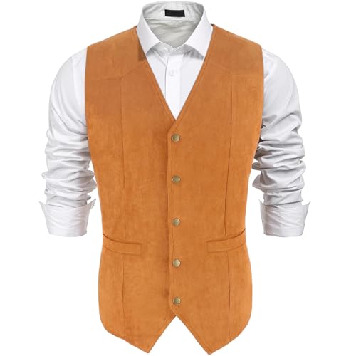 Men's Suede Leather Vest V Neck Artificial Retro 5 Button Casual Slim Fit Suit Vest Western Cowboy Style Sleeveless Jacket