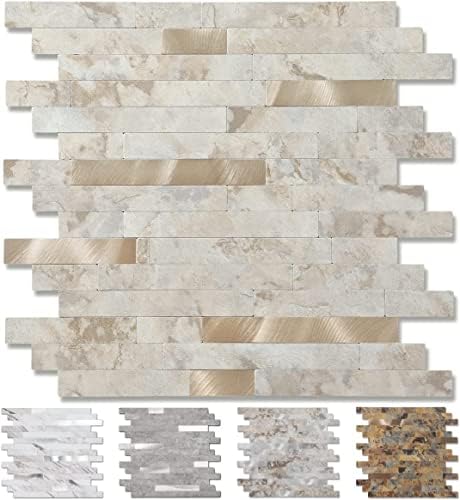 Yipscazo Peel and Stick Stone Metal Wall Tiles, Stick on Tiles for Backsplash Kitchen, Bathroom, Laundry Room, Camper, Fireplace (12'' X 12'', 5 Sheets in Ecru)