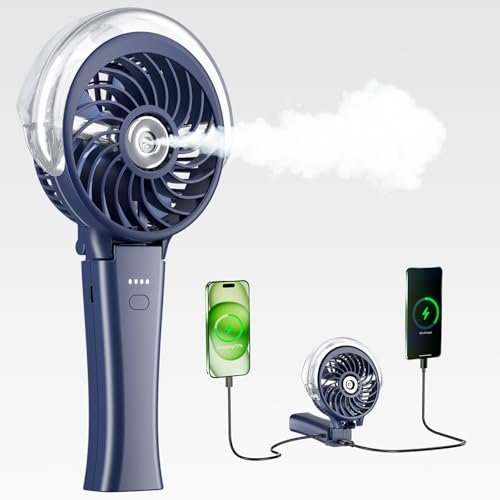 HandFan 4000mAh Upgraded Handheld Misting Fan, 50ml Water Tank, Rechargeable Personal Mister Fan Portable AC, Spray Water Mist Fans, Foldable Cooling Ice Fans for Beach Travel Outdoors(Royal Blue)