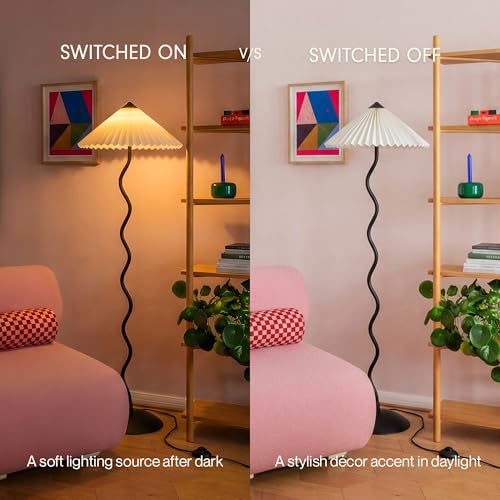 Image of FIG Living Wavy Floor Lamp (Off-White) | 140 cm Tall Handpleated Lampshade with Sturdy Metal Base | Lamp for Living Room Decoration, Cafe & Restaurant | Minimalist Style Standing Lamp | (No Bulb)