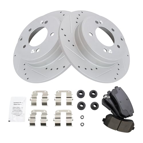 Image of TRQ Performance Rear Brake Pad and Rotor Set Ceramic Coated Drilled Slotted Rotors Compatible with 2015 Hyundai Sonata 2014-2016 Kia Cadenza