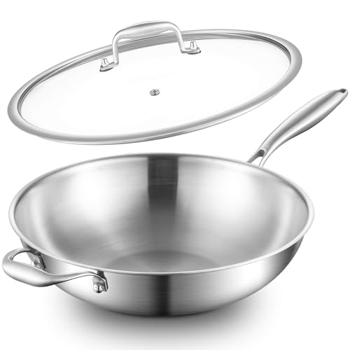 Image of DELARLO Tri-Ply Stainless Steel Wok, 12 Inch Cooking Wok Pan with Lid, With Side Ear, Wide & Deep Cookware Stir-Fry Pans, Dishwasher and Oven Safe Up To 600°F, Works on Induction
