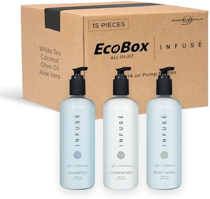 1-Shoppe Aquavera 15 Piece Ecobox All-In-Kit | White Tea and Coconut Soap | 6 Shampoo, 3 Conditioner & 6 Body Wash | 10.14oz Hotel Soaps and Toiletries Bulk | Personal Care Products