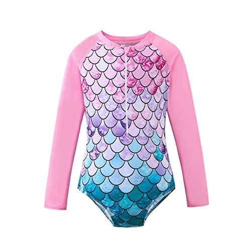OFIMAN Traje de baño para niñas, Traje de baño de una Pieza, Traje de baño de Manga Larga, Traje de baño de protección contra erupciones, Sirena Rosa, 5-6 Años Cover