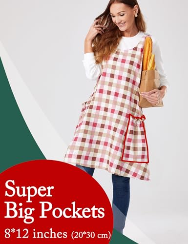 Image of Cozy Adjustable Cross Back Aprons for Women with Pockets Cotton Linen Cooking Kitchen Baking
