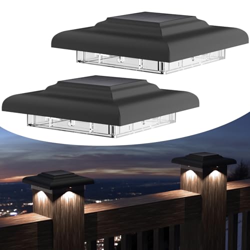 ILIKEPOW 2 Pack LED Solar Post Cap Lights Outdoor Black Waterproof Landscape Garden Post Lamp for 4x4, 3.5x3.5 Wooden Posts, Deck, Patio, Fence,Yard Decoration (Cool White 6000K, Warm White 3000k)