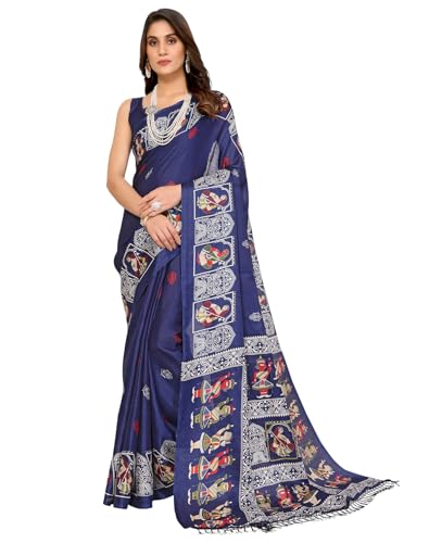 Yashika Womens Silk Pom Pom Woven Saree with Unstitched Blouse, Navy blue, One size