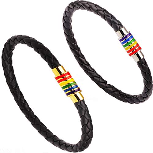Bracelet Gay Pride bracelet arc-en-ciel (2 pièces), une paire de bracelet en cuir noir pour hommes et femmes bracelet LGBT, avec boucle magnétique en acier inoxydable rayures arc-en-ciel (23.2CM) Cover