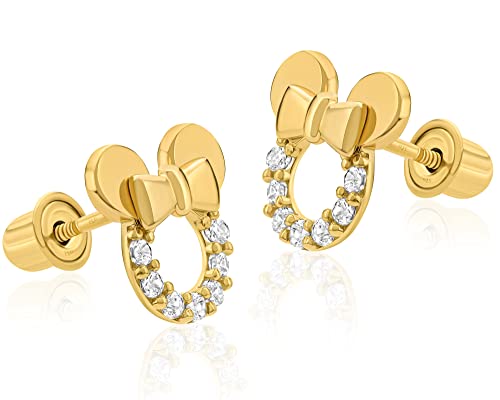 14k Solid Gold Small Mouse Earring Studs Embedded With Clear