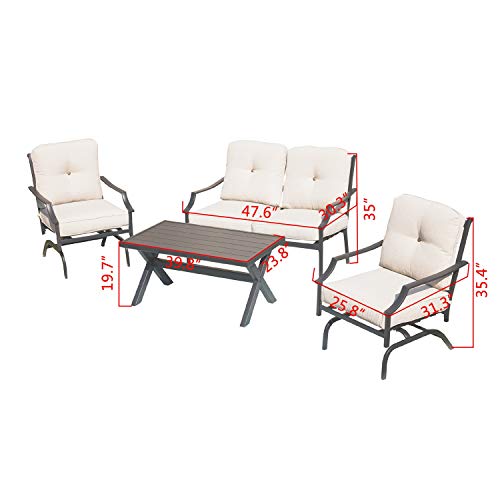 Patiofestival Patio Conversation Set Metal Outdoor Furniture Sets All Weather Cushioned Loveseat & 2 Rocking Chairs & 1 Coffee Table For Poolside Lawn Yard 4Pcs #TOP5