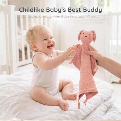 Image of Organic Cotton Muslin Bunny Lovey Blanket, Soft & Breathable Security Blanket for Newborns, Unique Baby Gifts for Boys and Girls (Bunny-Pink)
