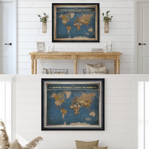 Image of DECORARTS - Personalized World Travel Map with Pins, Custom Name, Pin Board Canvas Wall Art, Modern Navy Blue World Decor, Optional Wood Frame, Giclee Print, Handcrafted in USA, 20x16''