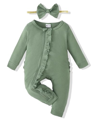 Image of Mikrdoo Newborn Girl Clothes 0-3 Months One Sies Long Sleeve Zipper Romper Clothe Set with Headband for 0-3M Green