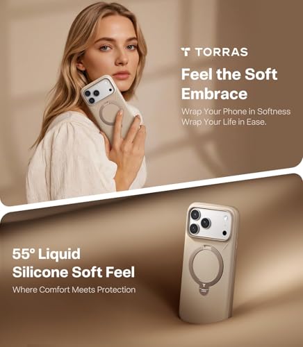 Image of TORRAS Ostand Q3 Silicone for iPhone 17 Pro Case | Luxury 55 Liquid Silicone | 360 Click-Lock Rotating Stand Cover | Fit for MagSafe | Camera Control | Premium Imported | Dune Beige