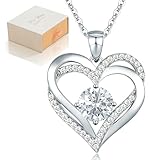 Collares para mujer, colgante de piedra natal, collares de diamantes de plata de ley con doble corazón, joyería de corazón de amor, regalos para mamá, esposa, novia, aniversario, cumpleaños, plateado