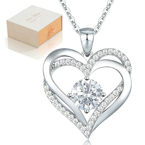 Image of Necklaces for Women Birthstone Pendant,Double Heart Silver Diamond Necklaces, Sterling Silver Love Heart Jewellery Gifts for Women Birthday Gift Anniversary Birthday Graduation gift- Silvery